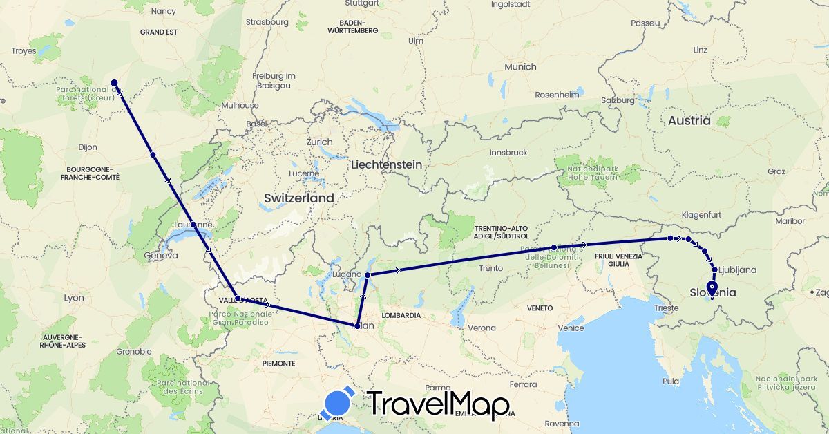 TravelMap itinerary: driving in Switzerland, France, Italy, Slovenia (Europe)